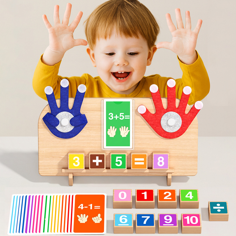 Child learning addition with wooden maths toy
