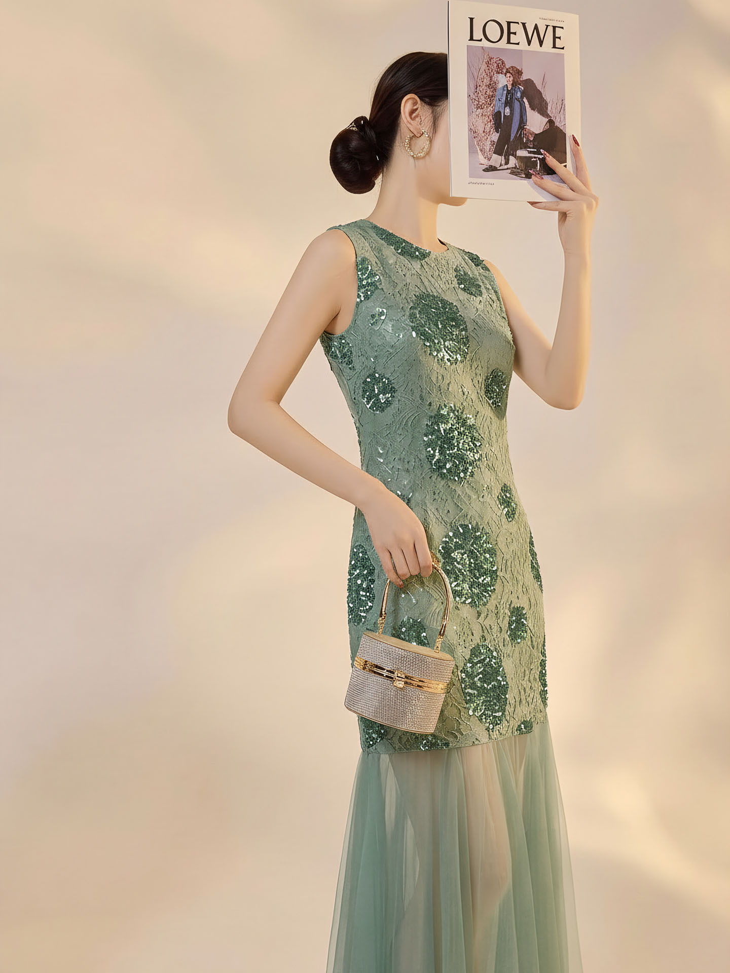 Váy maxi không tay họa tiết hoa nhỏ phối sequin lấp lánh phong cách tân Trung Hoa — Xanh lá cây nhạtcolor