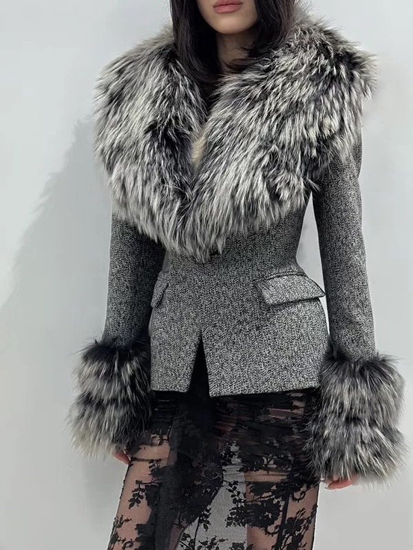 Chaqueta de Traje con Cuello de Piel de Poliéster, Manga Larga