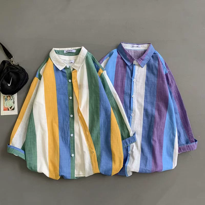 Осенняя рубашка в гонконгском стиле в красочную полоску, мужская рубашка с длинными рукавами в корейском стиле, модная красивая куртка, повседневная рубашка для пар