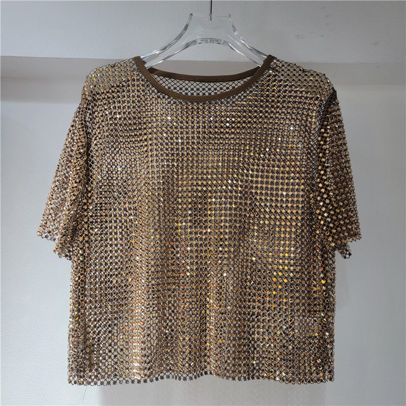 El nuevo producto europeo, la industria pesada, el diamante en caliente, la sensación de frío, el diamante estrellado, el cuello redondo, la blusa de manga corta, la camiseta transparente hueca image 11