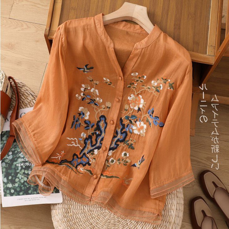 Fashion Cotton Linen Top Women's 2024 Summer New Embroidered Cardigan Shirt New Chinese Style National Style Stitching Buckle Shirt