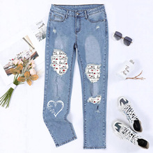 跨境专供欧美亚马逊速卖通TEMU破洞印花中腰直筒弹力女装牛仔裤