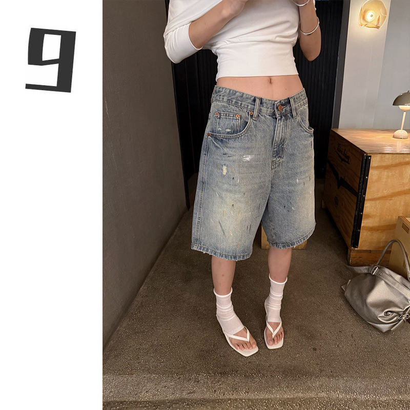 [9Hour] Stylish Graffiti Splash-Ink Cool Loose Denim Shorts for Women, Summer Loose Straight Mid-Length Pants Ss525
