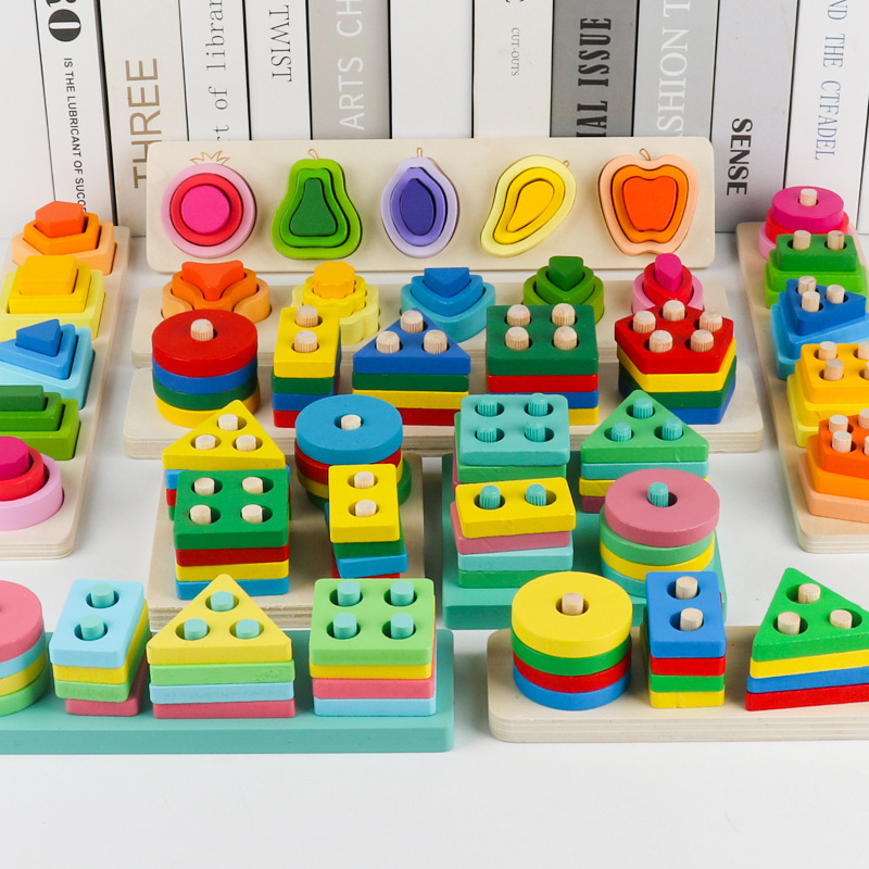 Puzzle Wooden Four Sets of Pillars Toy Early Education Wisdom Five Sets of Pillars Intelligence Geometric Shape Cognitive Matching Building Blocks