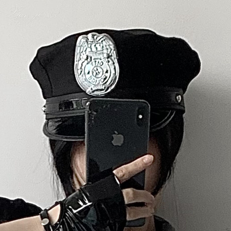 Xianyi Black Western Police Hat Allure Novelty Octagonal Flat Top Versatile Halloween Costume Prop M1