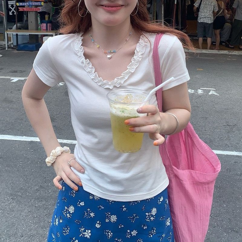 人棉超好看短款木耳边V领短袖T恤女2025新款爆款洋气时髦上衣|undefined