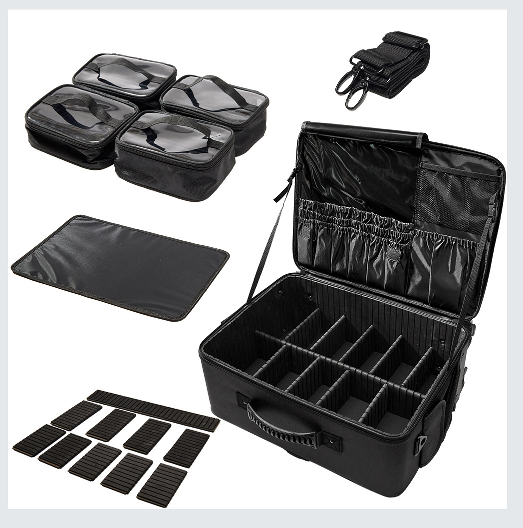 Caja de maquillaje de talón, maquillaje profesional, barra de tracción de maquillaje, caja de maquillaje multifuncional, caja de herramientas profesionales de belleza de gran capacidad.