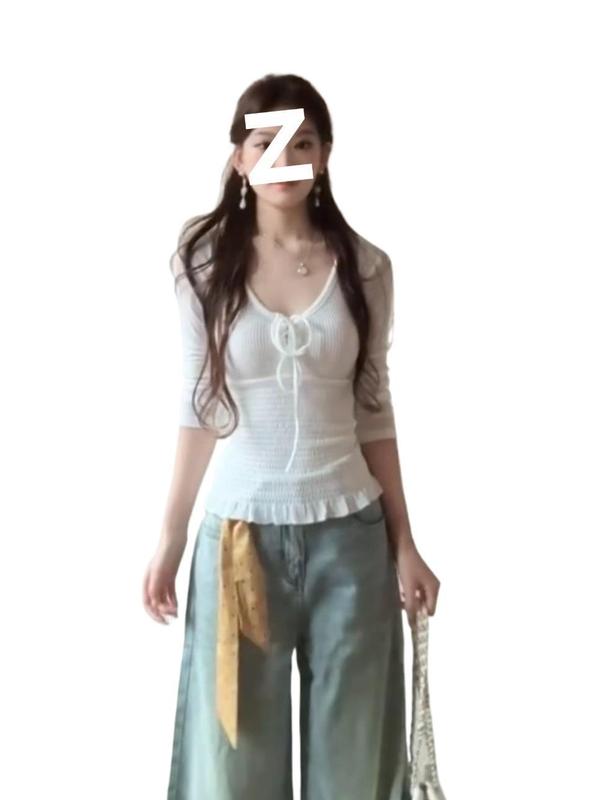 白色设计感边褶皱掐腰长袖t恤女早秋2025新款内搭打底衫上衣|undefined