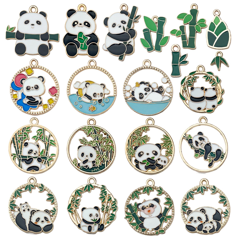 DIY dibujos animados panda bambú goteando aceite de aleación pendientes llavero animal colgante accesorios de joyería decoración de estilo chino