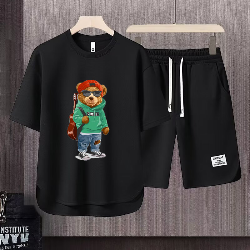 Herrkläder 2024 Waffle Casual Sommardräkt Herr lös tonåring Kortärmad T-shirt Shorts Stilig Tvådelad kostym_voghion.com