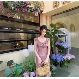 雨菲长款蝴蝶印花荷叶边显瘦连衣裙女2024夏季新款收腰气质裙子潮