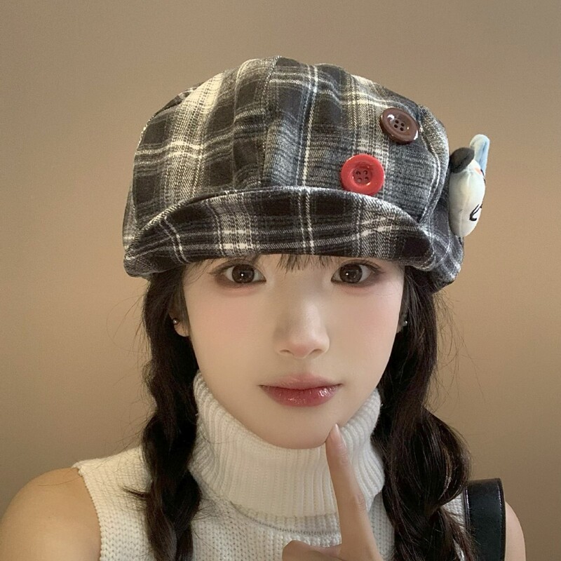 可爱复古纽扣前进帽女春秋百搭小众画家y2k亚文化格子帽贝雷帽子|undefined