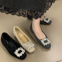 小个子内增高4cm法式水钻加绒毛毛鞋粗跟冬新款温柔保暖粗跟单鞋