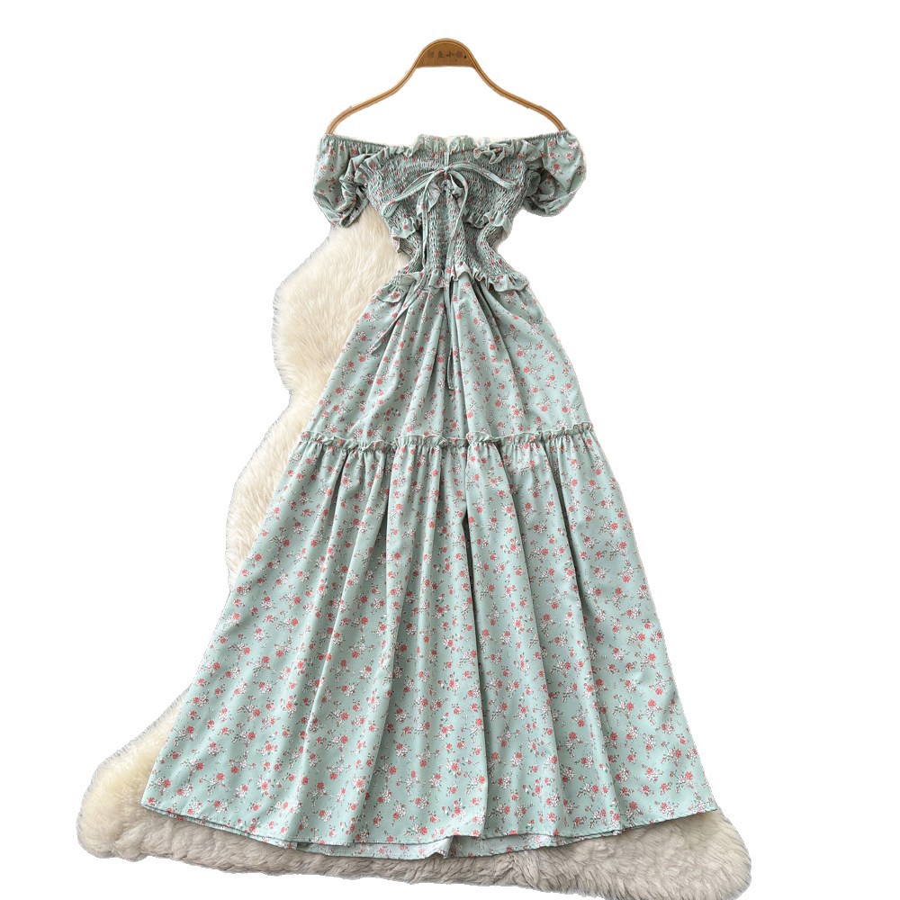 Women's French Sweet Style Square Neck Floral Dress Summer Korean Pleated Waist Tie A-Line Elegant Long Red Dress_ecoleips.com