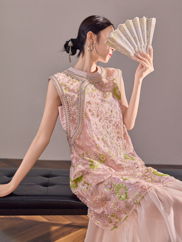 新中式国风时尚拼接连衣裙2025新款重工刺绣亮片旗袍裙女 N5042|undefined