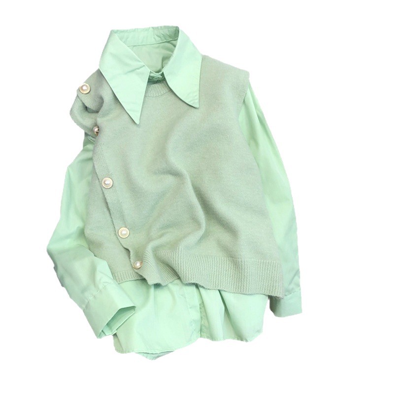 Women's Candy Colored Knitted Two Piece Set Sleeveless Vest And Shirt Polo Collar New Autumn Stylish Casual Clothing_ecoleips.com