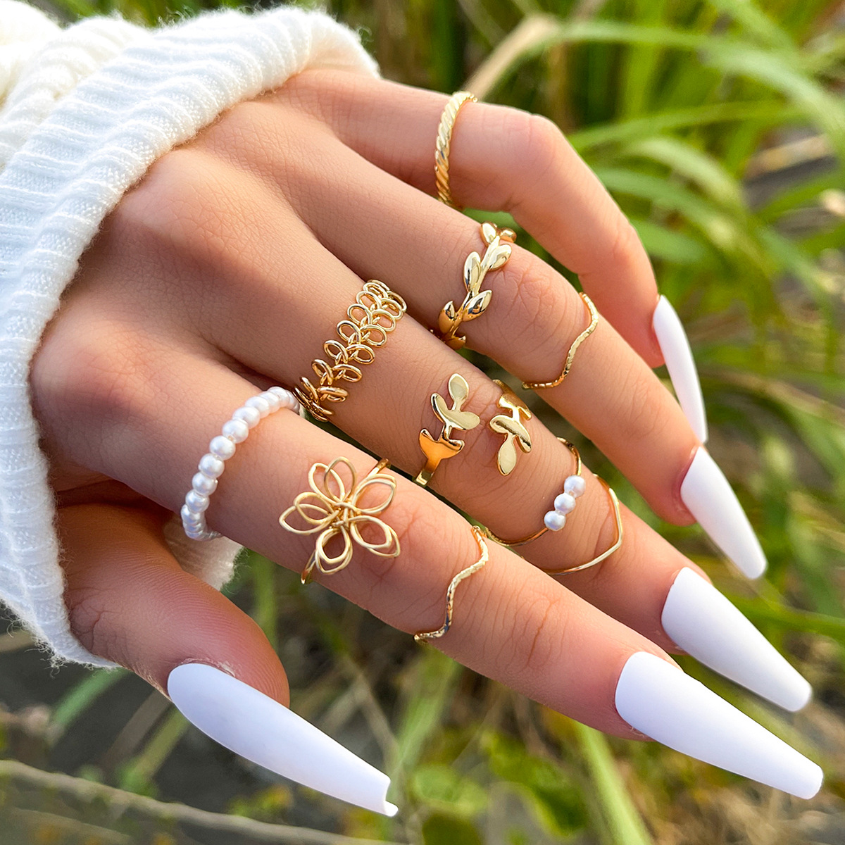 Fashion Simple Hollow Glossy Flower Leaf Vine Imitation Pearl Ring 10-Piece Set