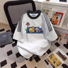アメリカンレトロルーズコットン半袖Tシャツレディース夏スプライシングニッチデザインスリーストライプス漫画プリントトップ