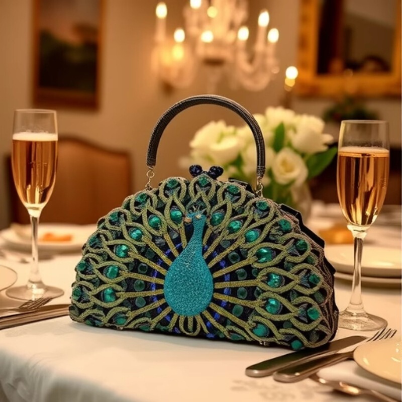 Rhinestone clutch bag hollow peacock encrusted dinner bag European and American banquet diamond handbag