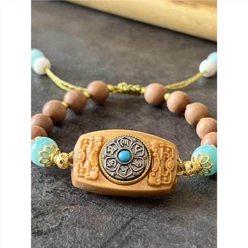 Original design sandalwood bracelet with time running hand card Tianhe Stone turn around good luck and joy