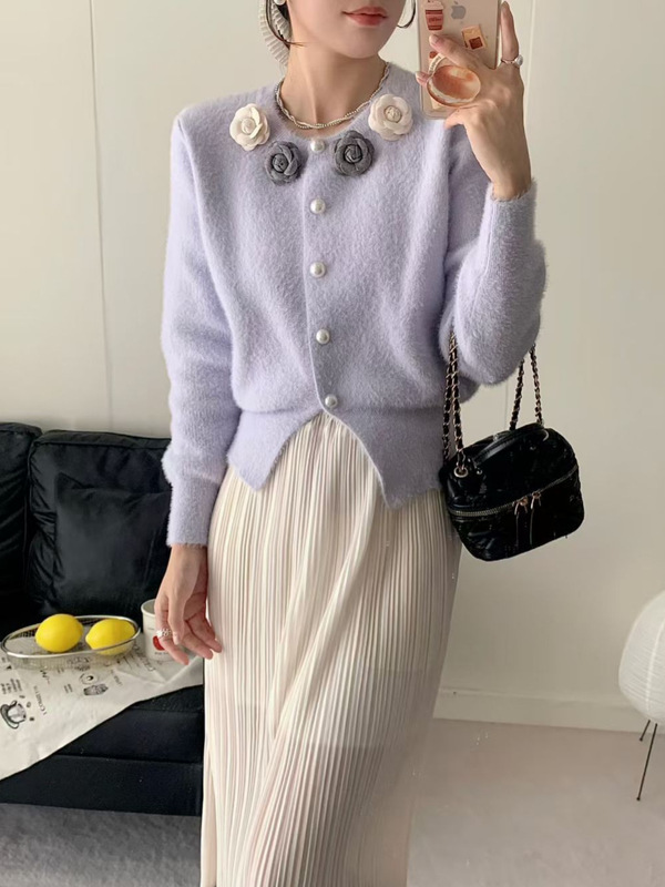 设计感立体花朵针织开衫女2025秋冬新款仿水貂绒软糯甜美毛衣外套|undefined