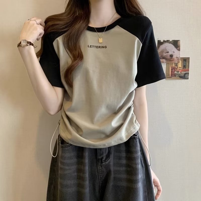 清仓捡漏大码设计感短款抽绳正肩T恤女夏季显瘦撞色插肩短袖上衣