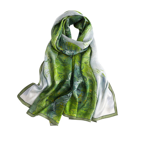 Green pastoral style mulberry silk high-end silk printed thin long scarf temperament silk scarf shawl dual use for mom