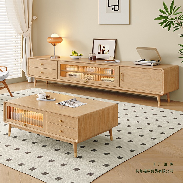 实木电视机柜原木茶几组合2025新款客厅家用收纳储物柜一体落地柜