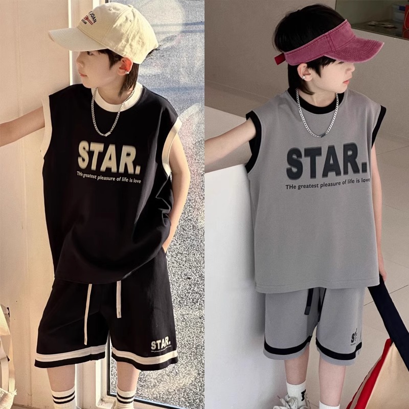 Boys' Sleeveless suit Summer Korean Style Children's Vest Basketball Sportswear Two-Piece Shorts