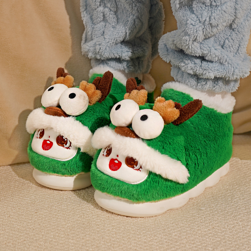 麋鹿毛绒拖鞋家居外穿蓬松可爱卡通棉拖鞋女防滑软底超暖情侣棉鞋