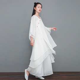 中风连衣裙长款禅意茶服仙气素衣禅修服疗愈养生冥想服美容师