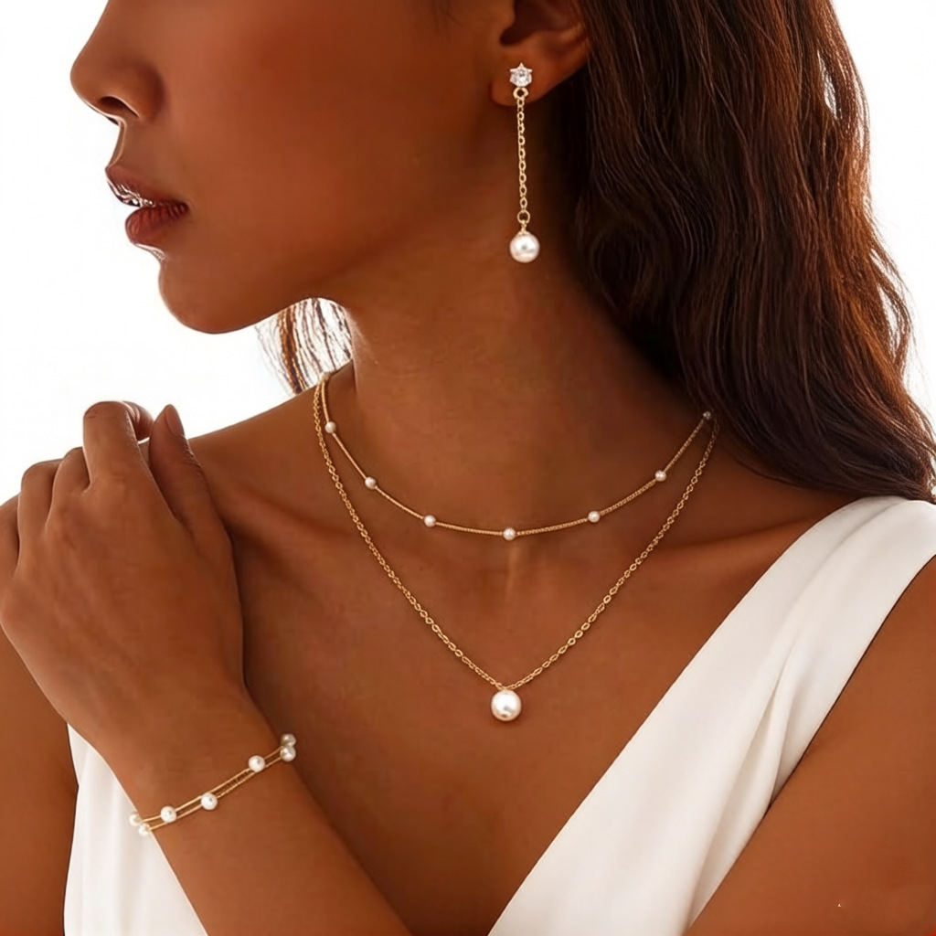 European and American Ins Style Pearl Cross Pendant Necklace, Ear Chain, Bracelet Set, Simple and Versatile Bridal Jewelry Gift