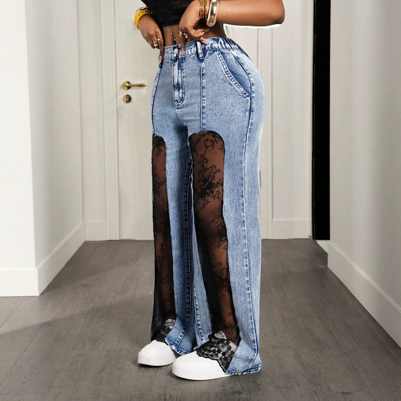 European and American Style Women's High-Waisted Washed Jeans with Front Slit, Lace Lining, and Slightly Flared Design, Trendy and Unique Long Pants European and American Style Women's High-Waisted Washed Jeans with Front Slit, Lace Lining, and Slightly Flared Design, Trendy and Unique Long Pants