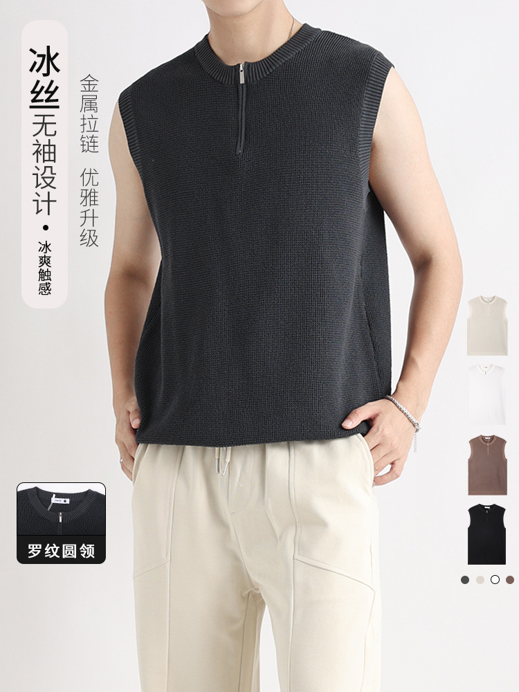 Suéter de seda de hielo, deportes, fitness, camiseta, chaleco, sensación avanzada, top con cuello de polo de secado rápido para hombres, camiseta sin mangas para hombres