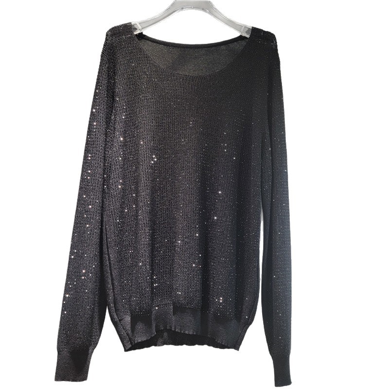 Suéter de perforación caliente de la industria pesada europea, mujer de cuello redondo brillante, chaqueta larga y media, nueva camiseta de punto de otoño y invierno es delgada. image 5