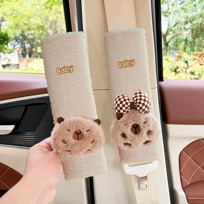 Seat belt shoulder pad – Barra car seat belt shoulder - capibala-on-the-front-teddy-velvet-shoulder-pads-1-pair-beige