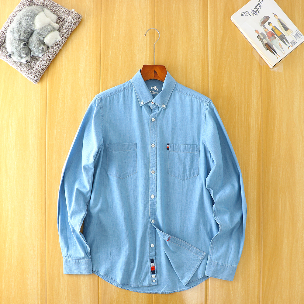 丹麦外贸 柔软纱织酵素水洗 秋季男士休闲百搭长袖牛仔衬衫薄外套