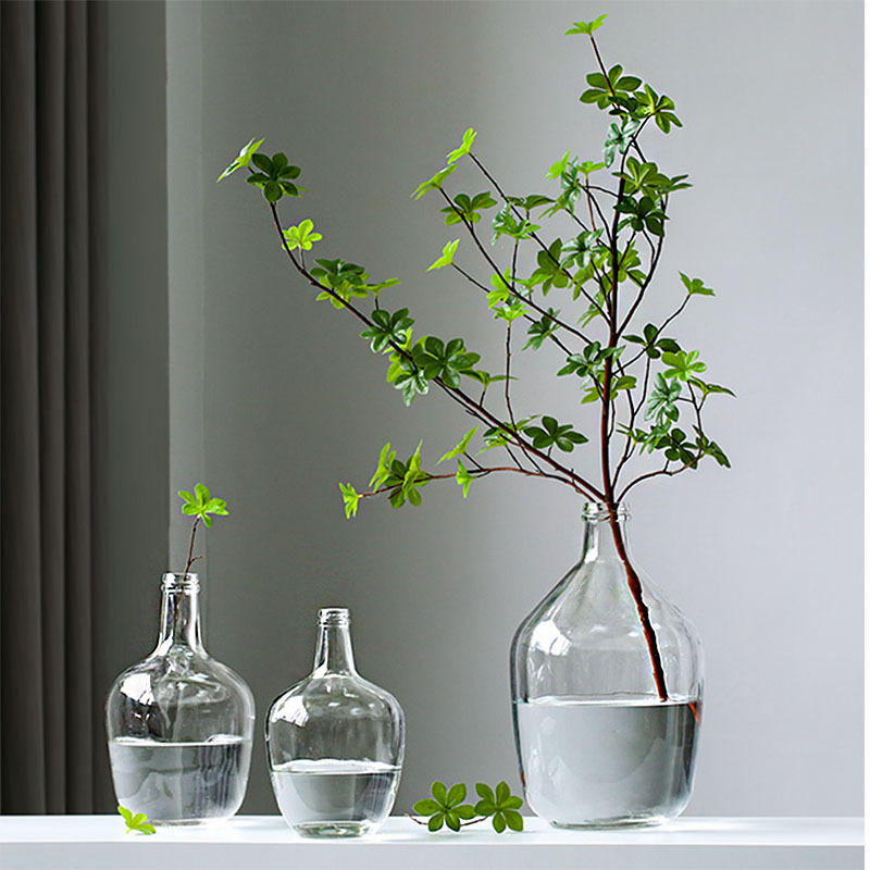 Botella de vidrio simple, boca pequeña, jarrón de barriga grande, reloj colgante de madera de caballo borracho, arreglo floral, decoración de la sala de estar, decoración hidropónica, gran