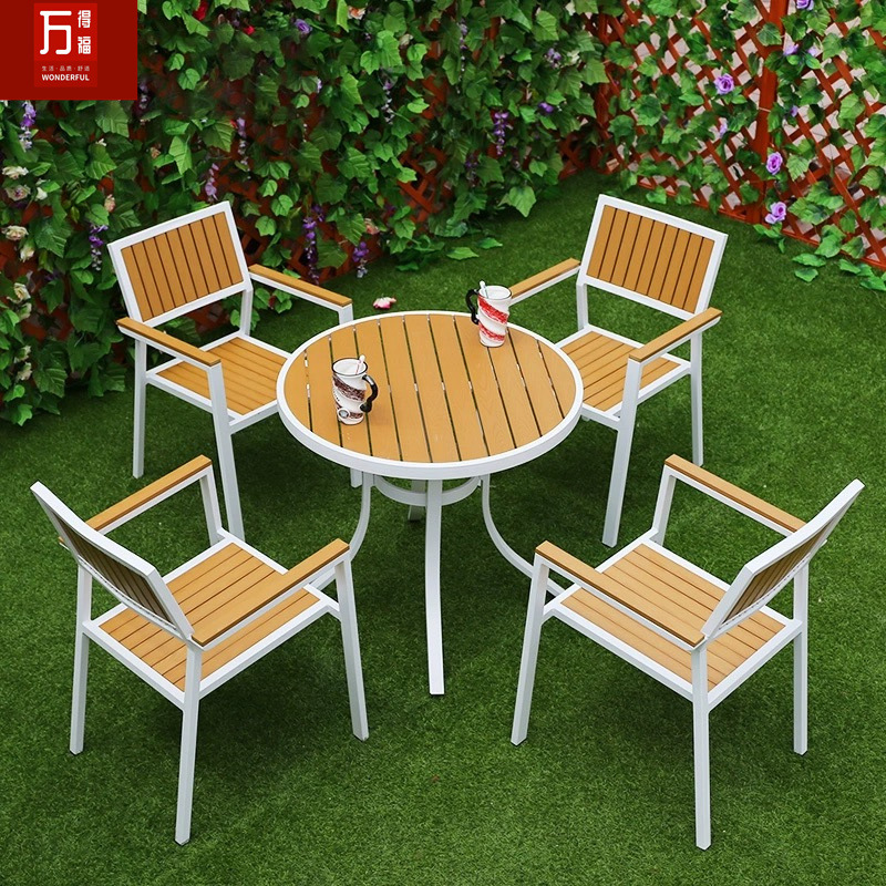 Mesa de madera de plástico al aire libre y silla combinación terraza patio al aire libre ocio balcón jardín mesa de té anti-corrosión madera impermeable mesa y silla conjunto