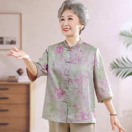 新中式奶奶立领印花衬衫女中老年人国风妈妈夏装七分袖唐装上衣服