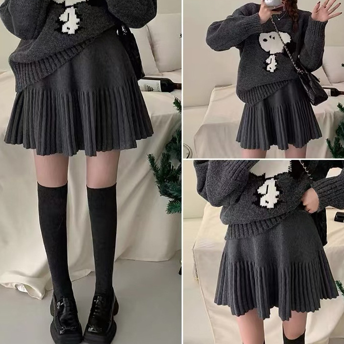 Skirt with Elastic Band, Black Pleated Skirt, A-Line Skirt, Versatile Korean Style Pleated Style, A-Type High Waist, White Splicing