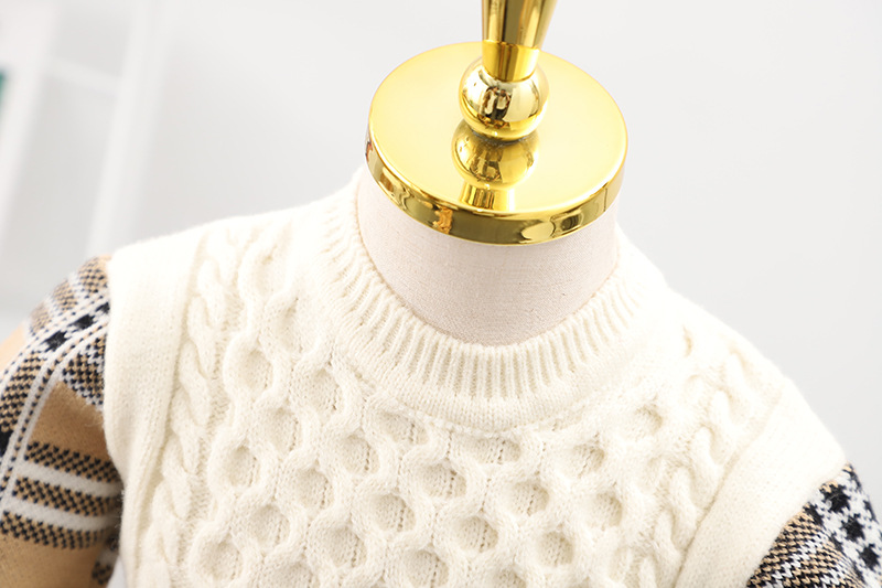 Girls' Sweater Autumn/Winter 2023 New Fashionable Korean Edition Thickened Plaid Splicing Fried Dough Twists False Two_voghion.com
