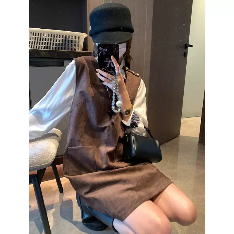 摩且 松茶可可 复古仿麂皮绒圆领宽松叠穿无袖背心连衣裙 MQ0825