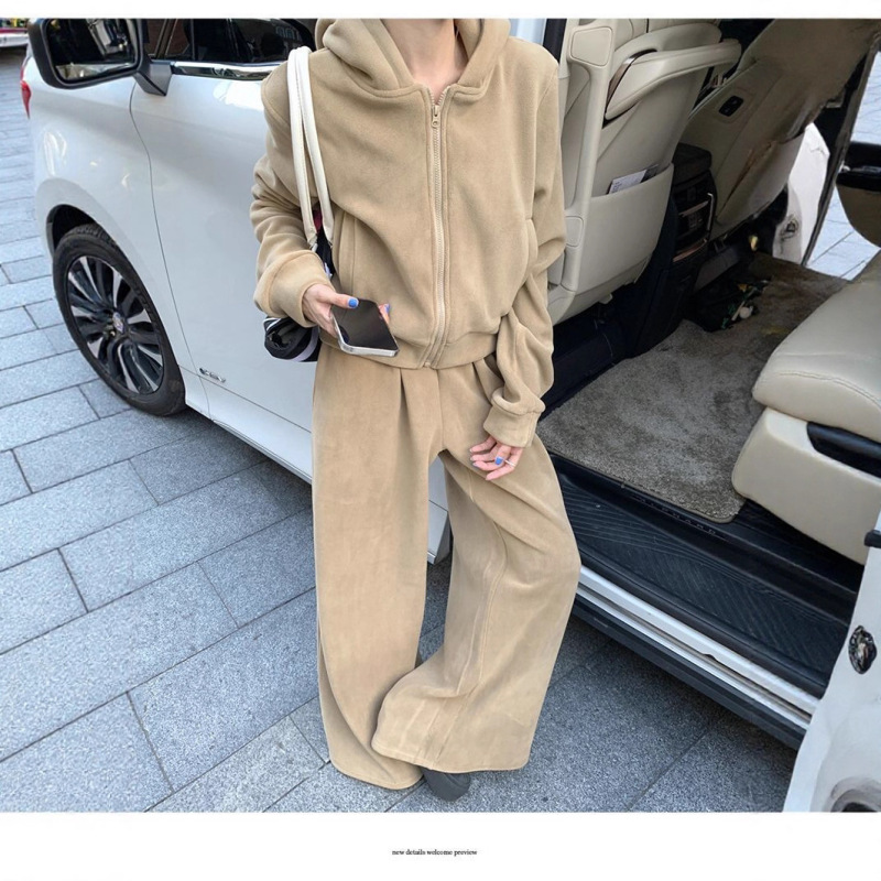 2025秋冬季新款小众设计连帽卫衣外套上衣长裤阔腿裤拖地裤两件套|undefined