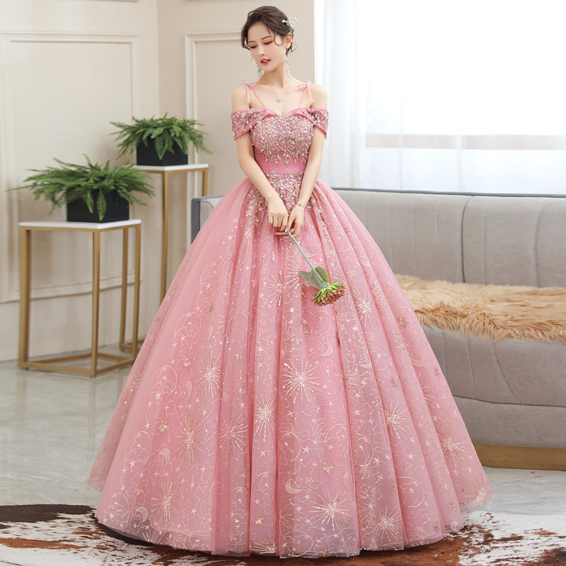 Student Art Exam Evening Dress Pink Banquet Puffy Princess Dress 2025 New Style Off-Shoulder Sequin Ball Gown Summer