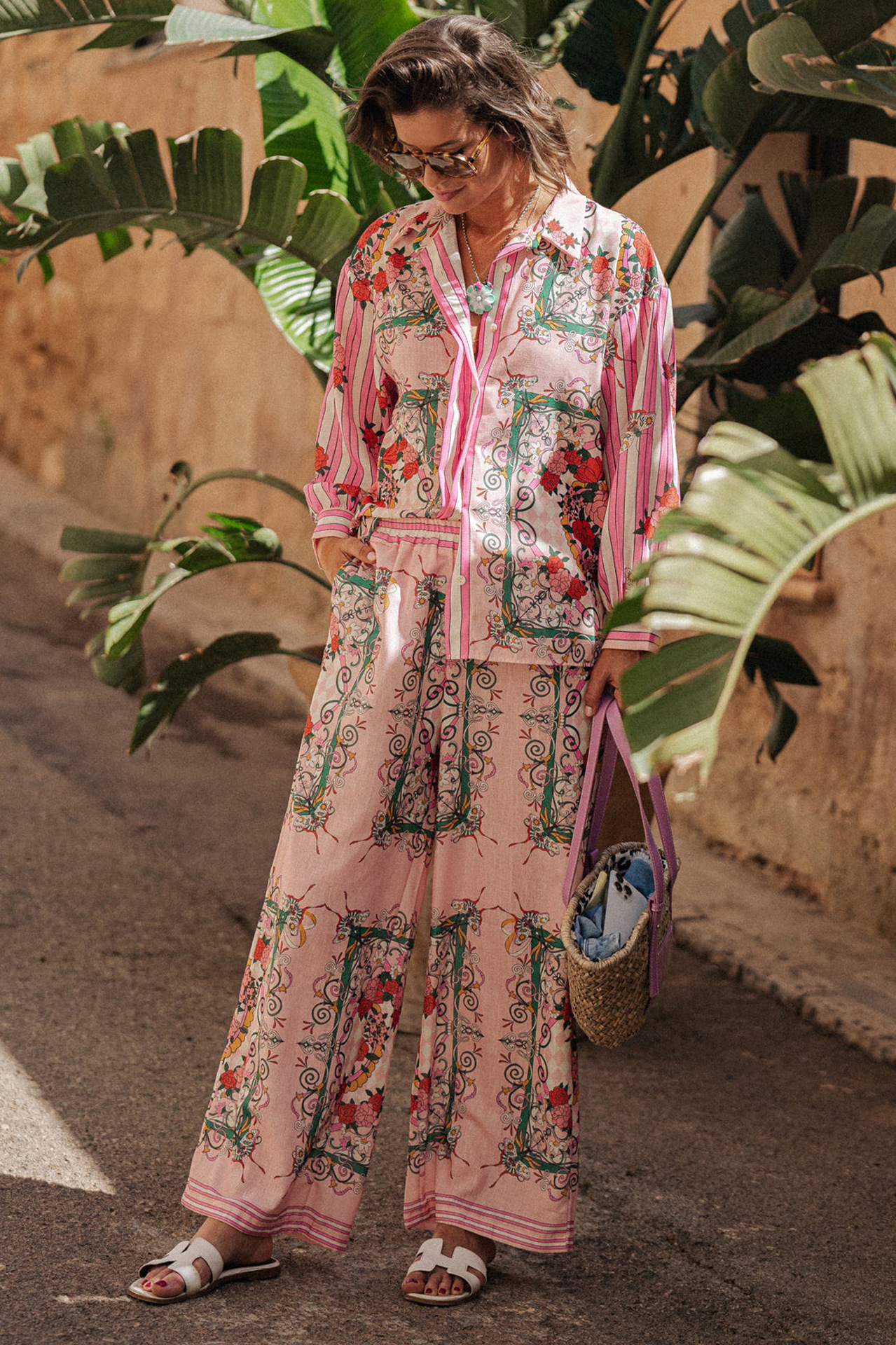 Pant Co-ord Set Sets Type Holiday Women's Casual Streetwear Stripe Flower Polyester Printing Button Pant Co-ord Set Pants Sets