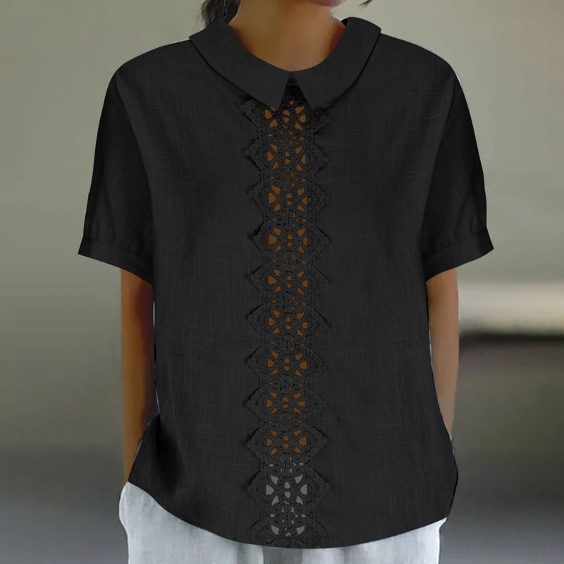 綿麻の網のレースの独立した駅の新型のゆったりした襟のシャツの女性の半袖の上着のtシャツをつなぎ合わせます。|undefined