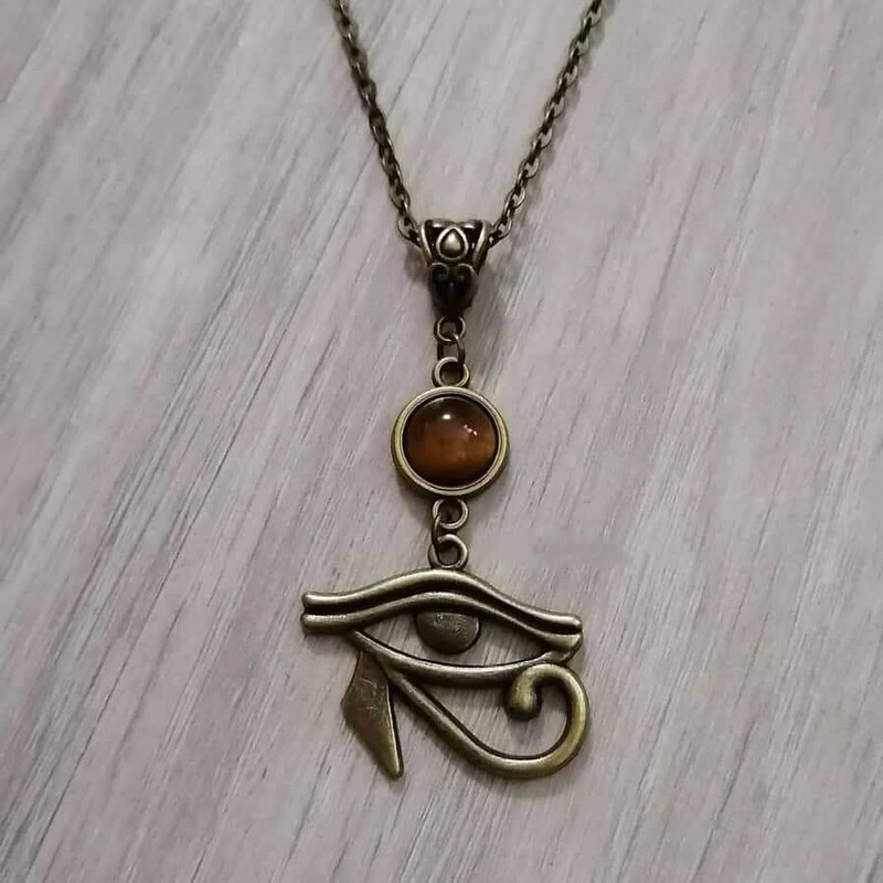 Necklace with Bronze Tiger's Eye and Eye of Horus, Natural Stone, Egyptian Pagan Witchcraft, Gothic Style, Direct from Manufacturer