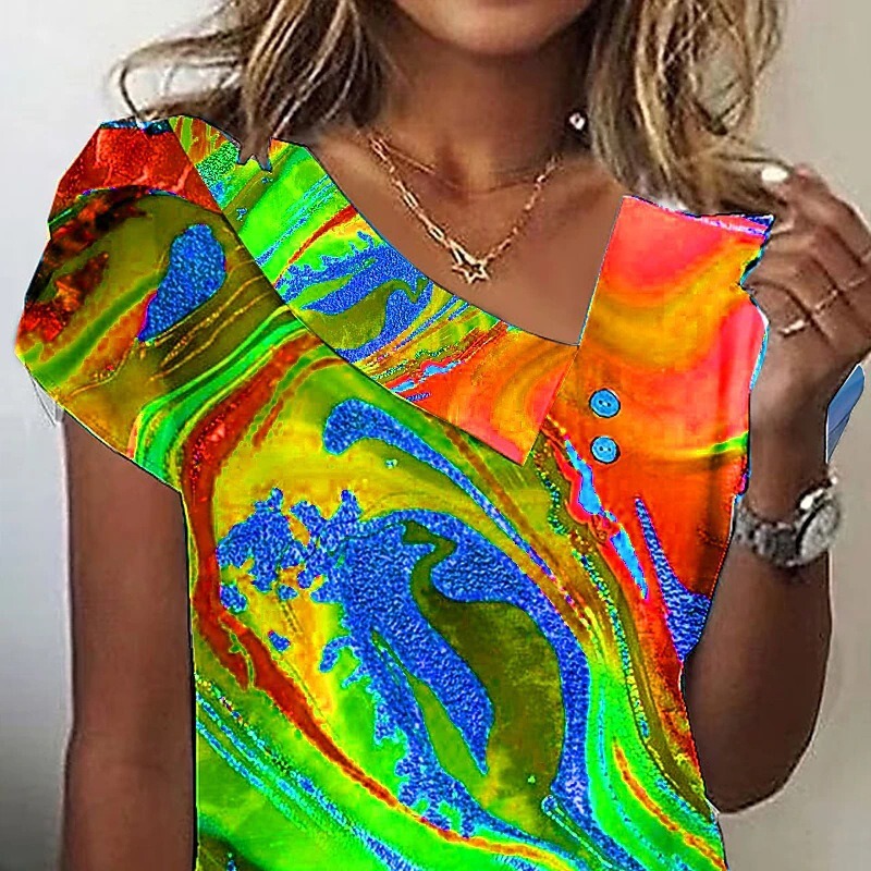 2025 Summer Amazon wish Popular Comfortable Women's Short-sleeved Top Button V-neck Cross-border European and American Style T-shirt 2025 Summer Amazon wish Popular Comfortable Women's Short-sleeved Top Button V-neck Cross-border European and American Style T-shirt